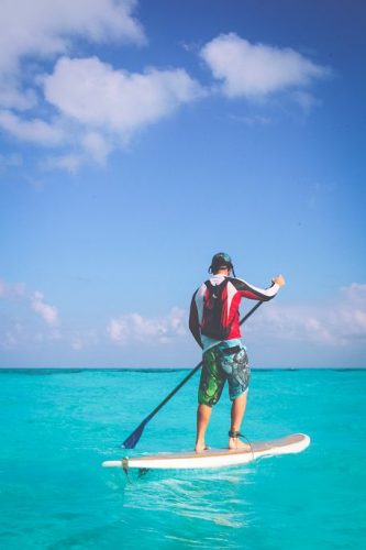 Using the eco-friendly backpack while paddling on the surfing board