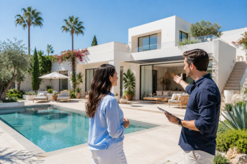 Two property owners discussing villa management in Marrakech